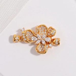 Golden flower clasp with white zircon stones for pearl necklace DIY jewelry making