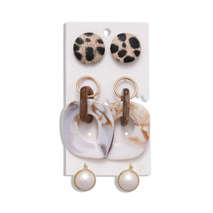 Bohemian 6-piece earring set featuring leopard print, acrylic marble, and faux pearls
