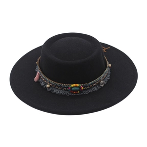 Classic black flat brim wool felt fedora with bohemian colorful beaded tassels and coins