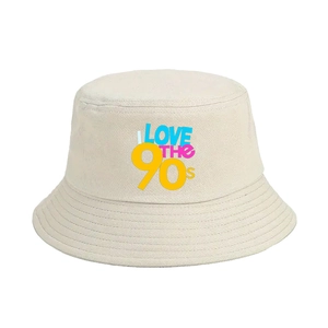 Classic beige canvas bucket hat with vintage I LOVE THE 90s print for sun protection