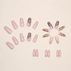 Long ballerina aurora butterfly press-on nails in pink with abstract art design