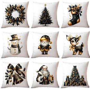 Christmas Cushion Case Short Plush Black Gold Print Modern Holiday Decor Decorative Pillow Cover