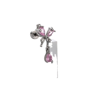 Titanium steel butterfly stud earring with pink gemstones and dangling teardrop pendant