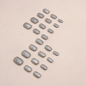 24pcs short square glitter press on nails in sparkling silver metallic finish