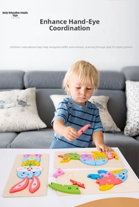 Educational wooden puzzle set with colorful animal and vehicle shapes for toddlers