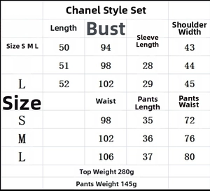 Size chart showing top and shorts measurements for striped knit twinset outfit