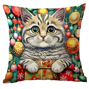 Square Christmas pillowcase featuring a festive watercolor tabby cat with holiday ornaments