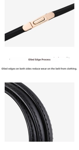 Detailed close-up of slim black leather belt featuring refined oil edge craftsmanship