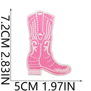 Detail of pink cowboy boot embroidery patch showing dimensions 7.2cm by 5cm on white