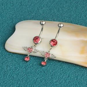 Pink heart-shaped belly ring with angel wings and sparkling zircon in stainless steel