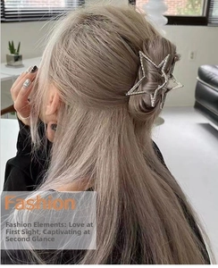 Detailed back view of a silver Y2K star hair claw clip with sparkling rhinestones in hair