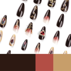Press-on nails featuring embossed cross, heart gems, and religious art in dark brown tones