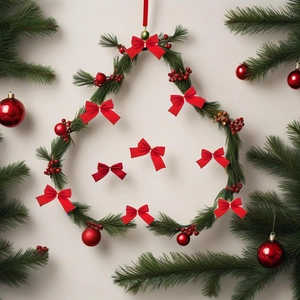 Close-up of Christmas ornaments with red bows, green pine branches, and shiny berries