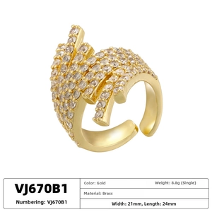 Detail view of gold floral irregular open ring with pavé crystals and size parameters