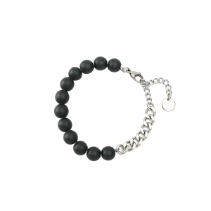 Titanium steel bracelet featuring matte black beads and silver Cuban chain link