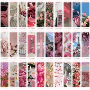 Detail view of 30 pink aesthetic paper bookmarks with floral and landscape patterns