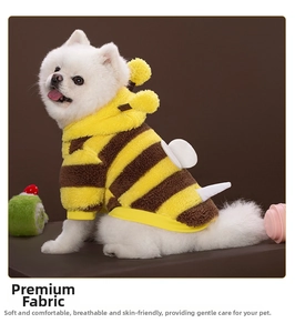 Close-up of soft flannel pet bee hoodie featuring yellow stripes and white wings