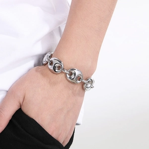 Polished stainless steel coffee bean link bracelet in silver for men and women