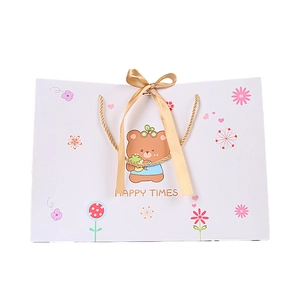 Cartoon bear gift bag with silk ribbon handle and Happy Times print on white background