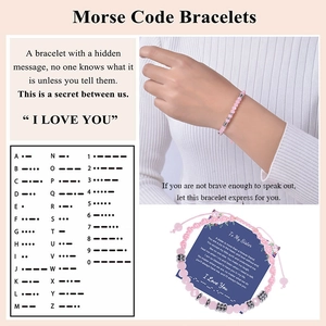 Pink quartz Morse code I Love You bracelet with adjustable cord and message card