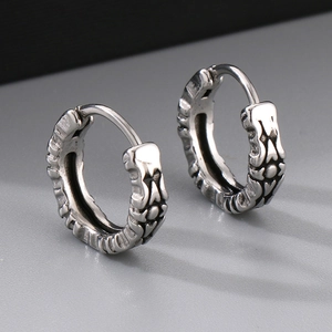 Retro stainless steel hoop earrings with engraved cross patterns in antique silver finish