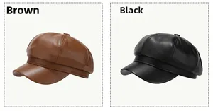 Detail view of premium PU leather baker boy hats in brown and black with neat stitching
