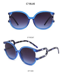 Front and side views of blue marble round sunglasses with purple gradient lenses