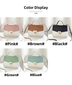 Grid display of bicolor small square bags in pink, brown, black, green, and blue options