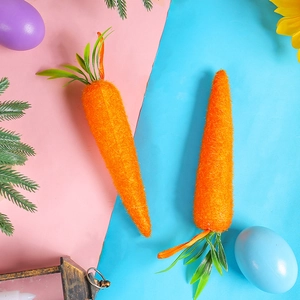 Decorative Easter plush carrots with green leaves on colorful background for home decor