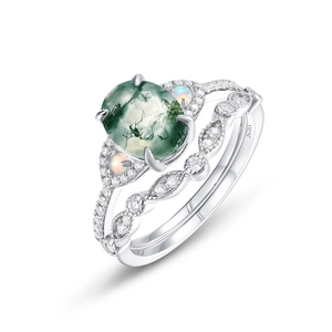 S925 sterling silver ring set with natural green moss agate and white opal stones
