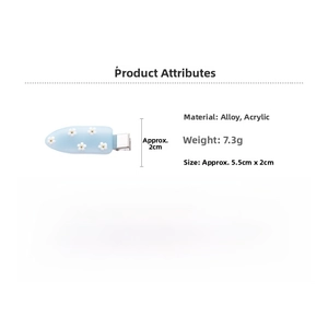Detail showing dimensions and alloy materials of a light blue floral water drop hair clip