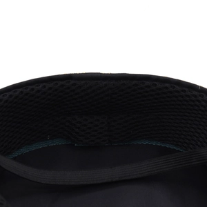 Close-up of black performance hat interior with mesh sweatband and elastic strap