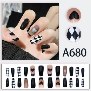 Long ballet press-on nails with black checkerboard and silver glitter heart designs