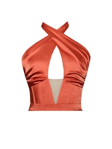 Detail of cross halter neck dress with teardrop cutout and burnt orange satin texture