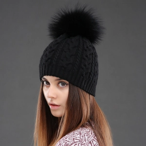 Women Winter Wool Knit Beanie Real Raccoon Fur Pom Pom Cable Pattern Warm Double Layer Thick Outdoor Pullover Skull Cap