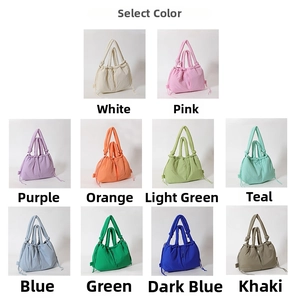 Grid display of quilted nylon tote bags in ten vibrant colors with drawstring details