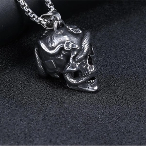 Gothic punk snake coiled around skull pendant necklace in vintage silver steel