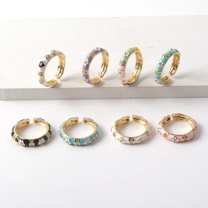 Women Adjustable Open Ring Colorful Enamel Flower Design 18K Gold Plated Copper Cubic Zirconia Fashion Jewelry