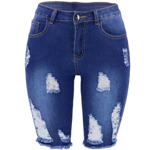Short en jean slim bleu foncé pour femme avec détails déchirés et ourlet à franges