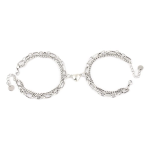 Dual-layer magnetic heart bracelets for couples in polished silver stainless steel