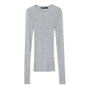 Slim fit grey long sleeve cotton T-shirt with a minimalist round neck design