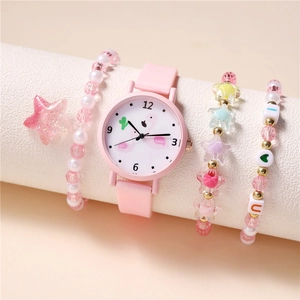 Coffret montre enfant flamant rose avec bracelets en perles assortis pour filles
