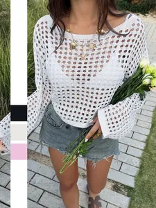 Y2K Sexy Hollow Out Knit Top Women Long Sleeve Round Neck Cropped T-Shirt Bohemian Mesh Vacation Style