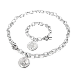 Silver stainless steel chain set with Virgin Mary coin pendant and T-bar toggle clasp