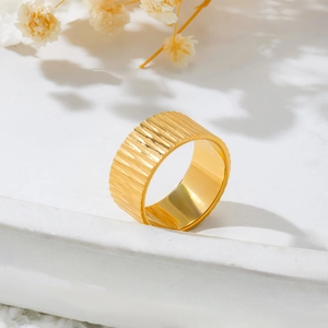 Wide gold vertical texture ring in minimalist titanium steel design for couples