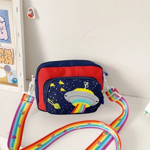 Cartoon UFO crossbody bag for kids with rainbow shoulder strap in red and blue canvas