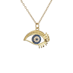 Golden evil eye necklace with blue and clear pavé zircon stones on white background