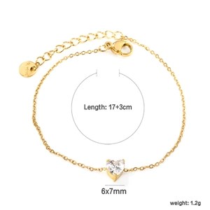 Detail of heart pendant bracelet in gold finish showing 17+3cm length and size specs
