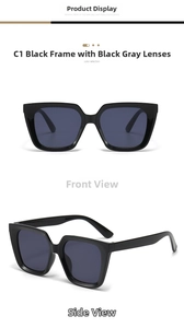 Detail view of large square black frame sunglasses with dark gray lenses in C1 color