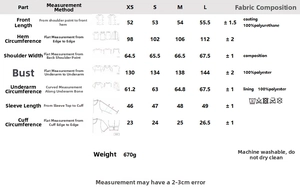 Detailed size chart and fabric composition for faux leather jacket with belt in XS to L